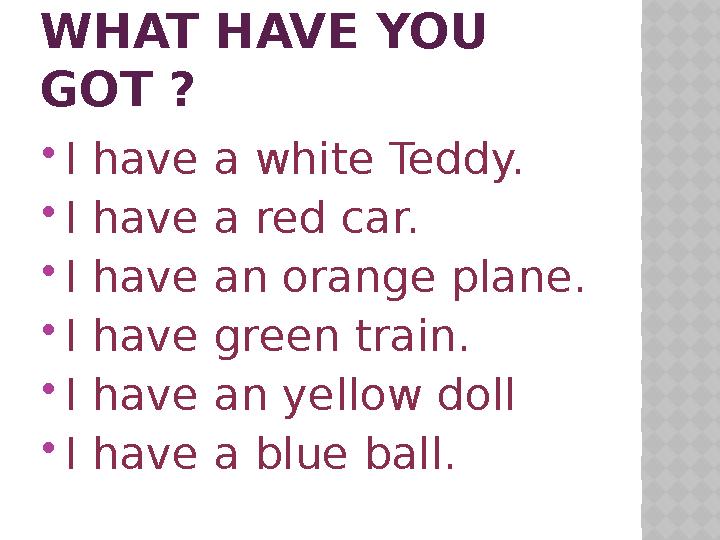 WHAT HAVE YOU GOT ?  I have a white Teddy.  I have a red car.  I have an orange plane.  I have green train.  I have an yel