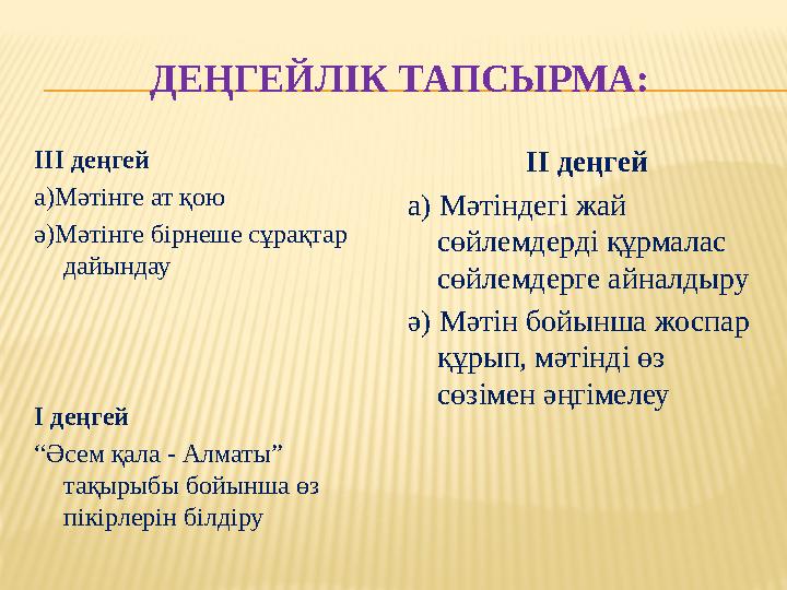 ДЕҢГЕЙЛІК ТАПСЫРМА: ІІІ деңгей а)Мәтінге ат қою ә)Мәтінге бірнеше сұрақтар дайындау І деңгей “ Әсем қала - Алматы” тақырыбы бо