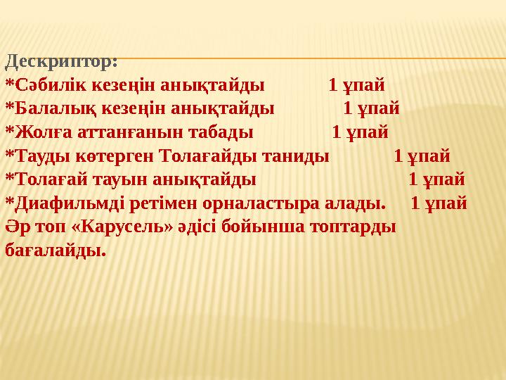 Дескриптор: *Сәбилік кезеңін анықтайды 1 ұпай *Балалық кезеңін анықтайды 1 ұпай *Жолға аттанғанын табад