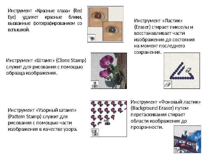 Инструмент «Красные глаза» (Red Eye) удаляет красные блики, вызванные фотографированием со вспышкой. Инструмент «Штам