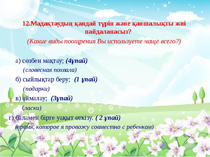 12.Мадақтаудың қандай түрін және қаншалықты жиі пайдаланасыз? (Какие виды поощрения Вы используете чаще всего?) а) сөзбе