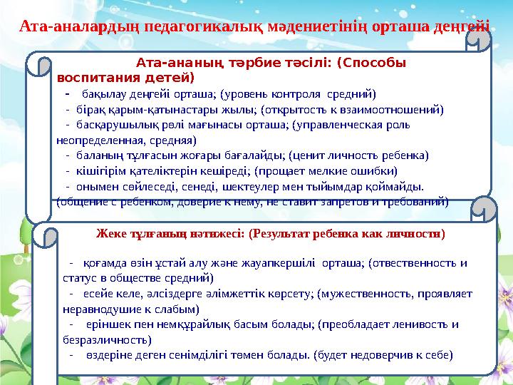 Ата-ананың тәрбие тәсілі: (Способы воспитания детей) - бақылау деңгейі орташа; (уровень контроля