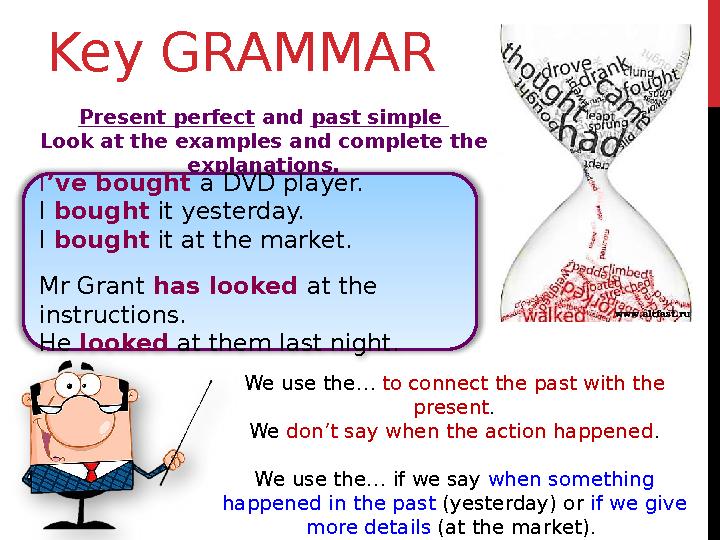 Key GRAMMAR Present perfect and past simple Look at the examples and complete the explanations. I ’ve bought a DVD player.