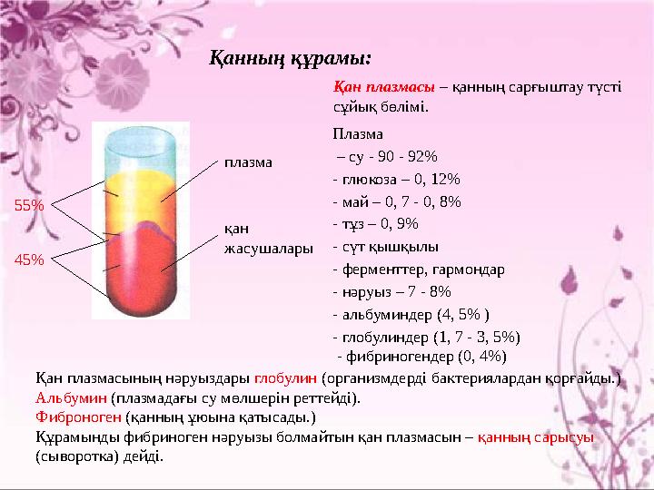 Қанның құрамы: плазма қан жасушалары55% 45% Қан плазмасы – қанның сарғыштау түсті сұйық бөлімі. Плазма – су - 90 - 92% - г