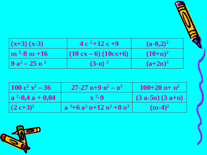 (х+3) (х-3) 4 с 2 +12 с +9 (а-0,2) 2 m 2 -8 m +16 (10 сх – 6) (10сх+6) (10+в) 2 9 a 2 – 25 в 2 (3-в) 3 (а+2в) 3 100 с 2