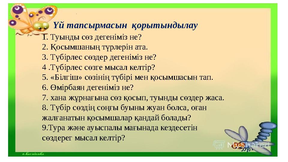 Үй тапсырмасын қорытындылау 1. Туынды сөз дегеніміз не? 2. Қосымшаның түрлерін ата. 3. Түбірлес сөздер дегеніміз не? 4 .Түб