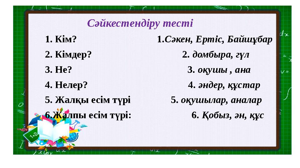 Сәйкестендіру тесті 1. Кім? 1. Сәкен, Ертіс, Байшұбар 2. Кімдер?