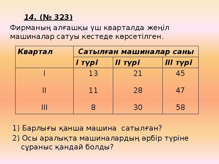 14 . (№ 323) Фирманың алғашқы үш кварталда жеңіл машиналар сатуы кестеде көрсетілген. 1) Барлығы қанша машина сатыл
