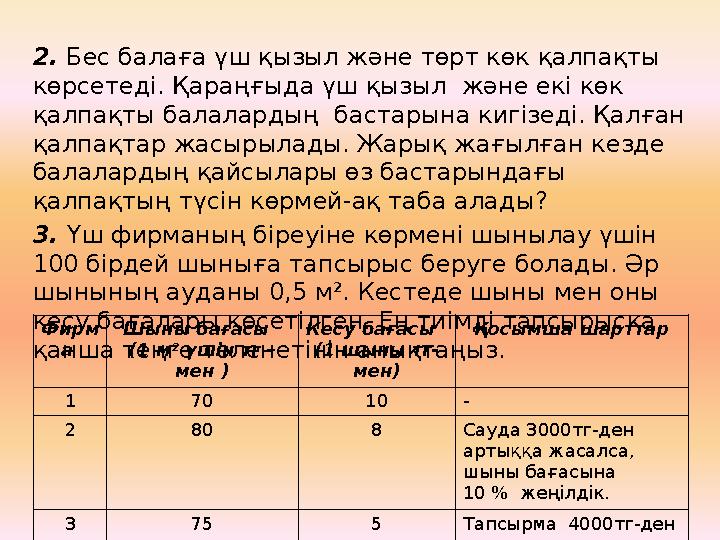 2. Бес балаға үш қызыл және төрт көк қалпақты көрсетеді. Қараңғыда үш қызыл және екі көк қалпақты балалардың бастарына кигі