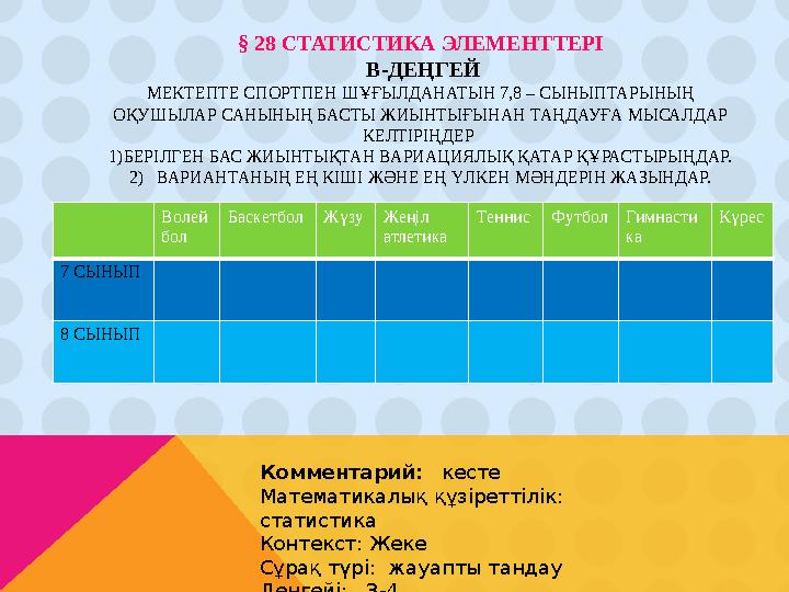 § 28 СТАТИСТИКА ЭЛЕМЕНТТЕРІ В-ДЕҢГЕЙ МЕКТЕПТЕ СПОРТПЕН ШҰҒЫЛДАНАТЫН 7,8 – СЫНЫПТАРЫНЫҢ ОҚУШЫЛАР САНЫНЫҢ БАСТЫ ЖИЫНТЫҒЫНАН ТАҢ