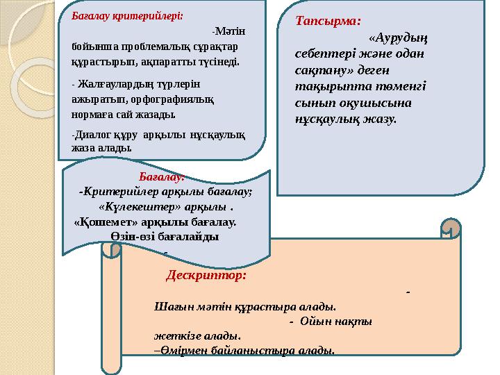 Бағалау критерийлері: -Мәтін бойынша проблемалық