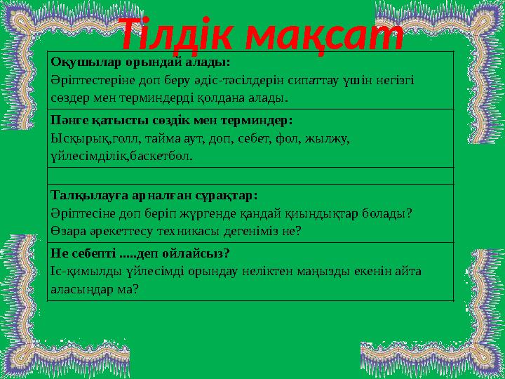 Тілдік мақсат Оқушылар орындай алады: Әріптестеріне доп беру әдіс-тәсілдерін сипаттау үшін негізгі сөздер мен терм