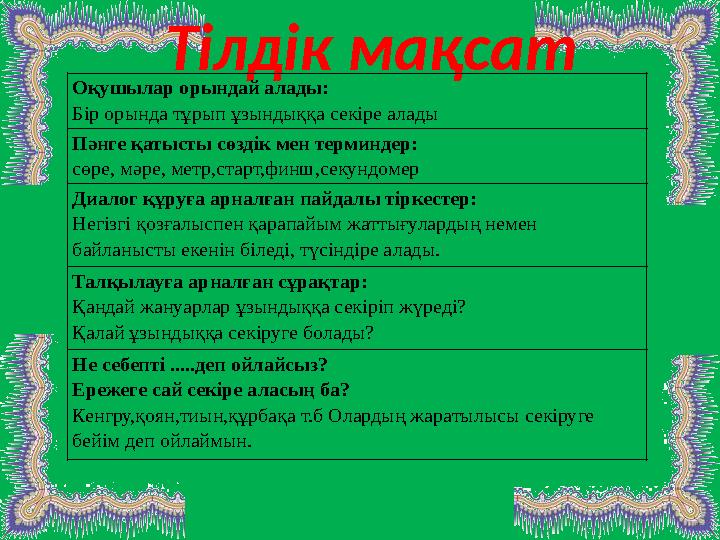Тілдік мақсат Оқушылар орындай алады: Бір орында тұрып ұзындыққа секіре алады Пәнге қатысты сөздік мен терминдер: