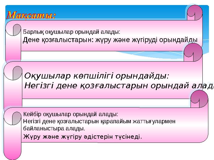 Барлық оқушылар орындай алады: Дене қозғалыстарын: жүру және жүгіруді орындайды Оқушылар көпшілігі орындайды: Негізгі дене қоз