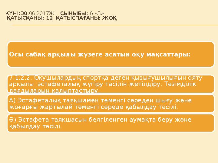 КҮНІ: 30 .06.2017Ж. СЫНЫБЫ: 6 «Б» ҚАТЫСҚАНЫ: 12 ҚАТЫСПАҒАНЫ: ЖОҚ Осы сабақ арқылы жүзеге асатын оқу мақсаттары: