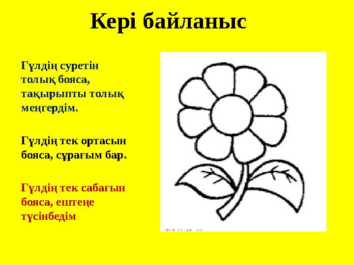 Кері байланыс Гүлдің суретін толық бояса, тақырыпты толық меңгердім. Гүлдің тек ортасын бояса, сұрағым бар. Гүлдің тек сабағ