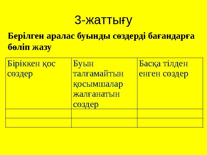 3-ж аттығу Берілген аралас буынды сөздерді бағандарға бөліп жазу Біріккен қос сөздер Буын талғамайтын қосымшалар жалғанатын