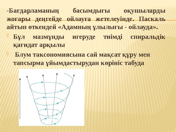 -Бағдарламаның басымдығы оқушыларды жоғары деңгейде ойлауға жетелеуінде. Паскаль айтып өткендей «Адамның ұлылығы - ойлау