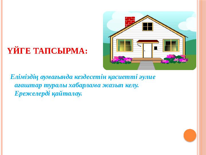 ҮЙГЕ ТАПСЫРМА: Еліміздің аумағында кездесетін қасиетті әулие ағаштар туралы хабарлама жазып келу. Ережелерді қайталау.