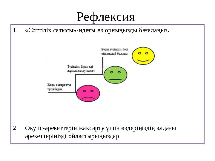 Рефлексия 1. «Сәттілік сатысы»-ндағы өз орныңызды бағалаңыз. 2. Оқу іс-әрекеттерін жақсарту үшін өздеріңіздің алдағы әрекетте