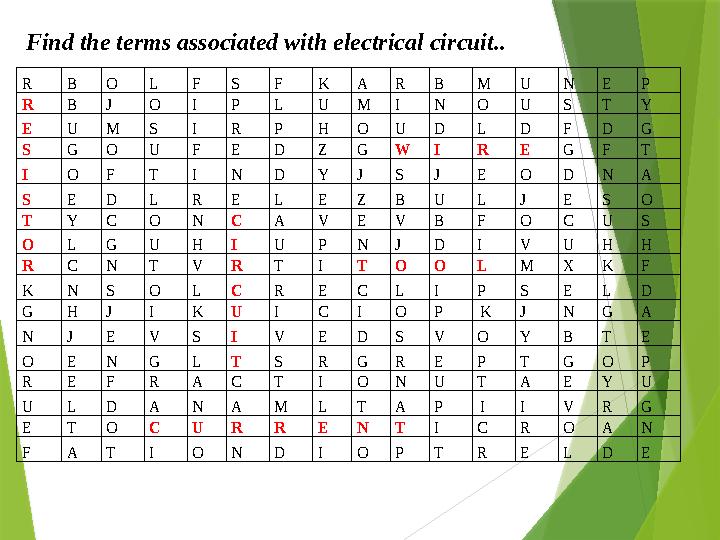 Find the terms associated with electrical circuit.. R B O L F S F K A R B M U N E P R B J O I P L U M I N O U S T Y E U M S I R