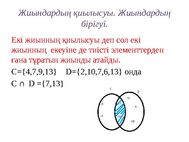 Жиындардың қиылысуы. Жиындардың бірігуі. Екі жиынның қиылысуы деп сол екі жиынның екеуіне де тиісті элементтерден ғана тұрат