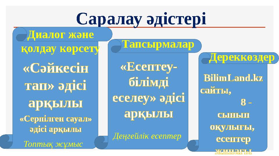 Саралау әдістері Топтық жұмыс«Сәйкесін тап» әдісі арқылы Деңгейлік есептер «Есептеу- білімді еселеу» әдісі арқылыДиалог жә
