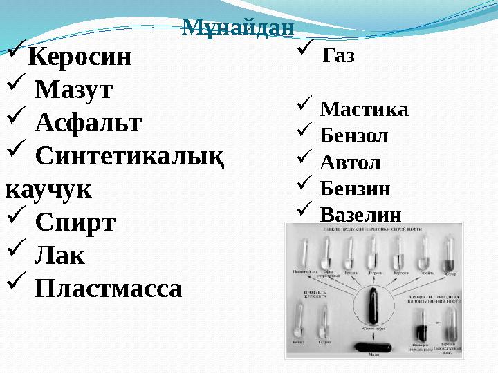 Мұнайдан  Газ  Мастика  Бензол  Автол  Бензин  Вазелин Керосин  Мазут  Асфаль