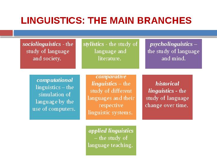 sociolinguistics - the study of language and society. stylistics - the study of language and literature. psycholinguisti