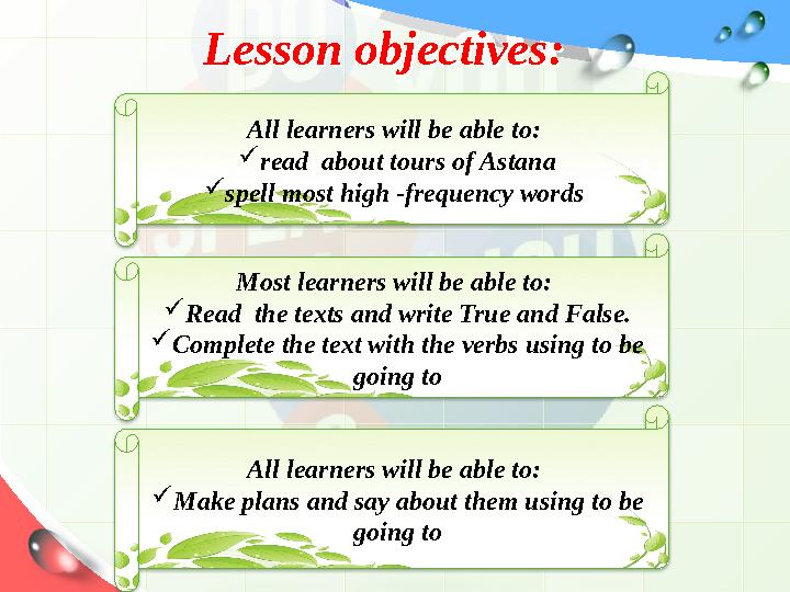 Lesson objectives :Lesson objectives : All learners will be able to :  read about tours of Astana  spell most high -frequenc