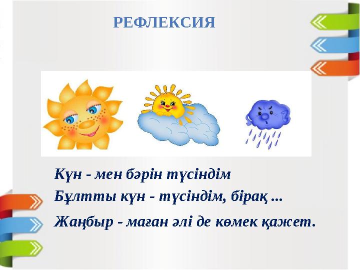РЕФЛЕКСИЯ Күн - мен бәрiн түcіндім Бұлтты күн - түcіндім, бiрақ ... Жaңбыр - мағaн әлi де көмeк қажет.