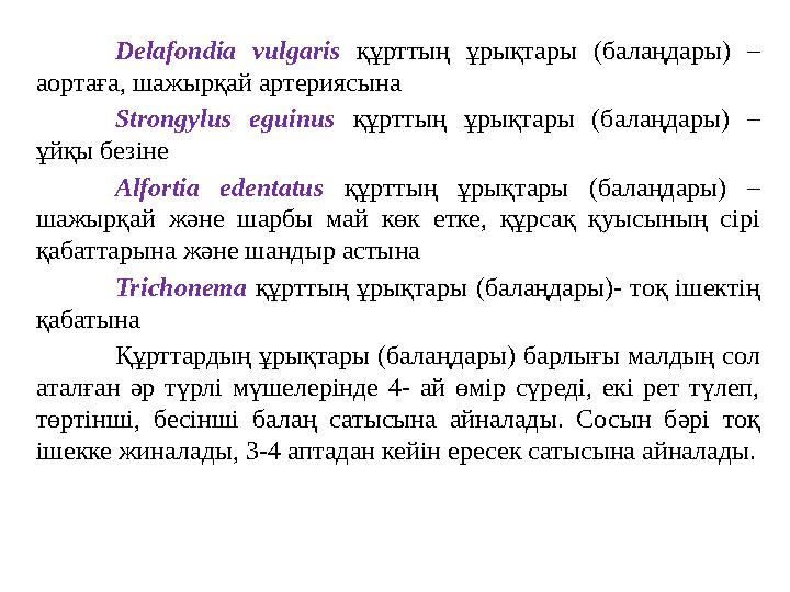 Delafondia vulgaris құрттың ұрықтары (балаңдары) – аортаға, шажырқай артериясына Strongylus eguinus құрттың ұрықтары