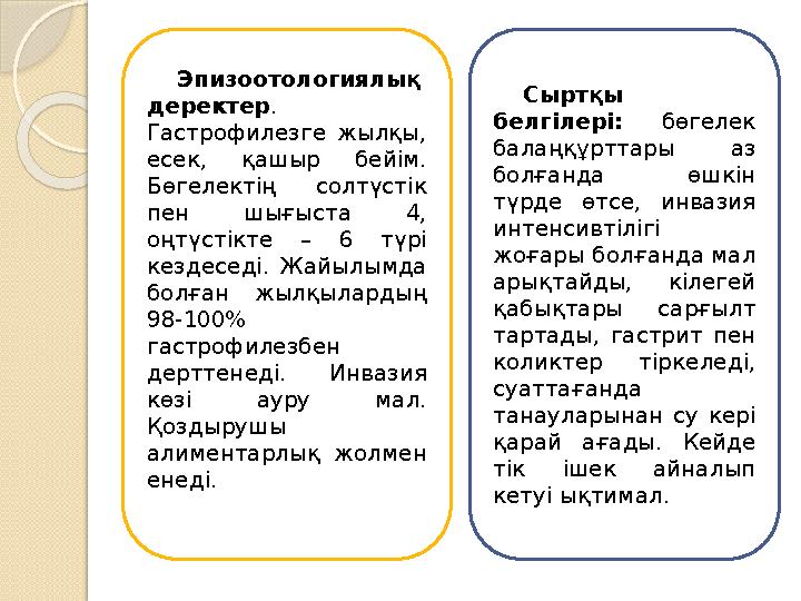 Эпизоотологиялық деректер . Гастрофилезге жылқы, есек, қашыр бейім. Бөгелектің солтүстік пен шығыста 4, оңтүстікте