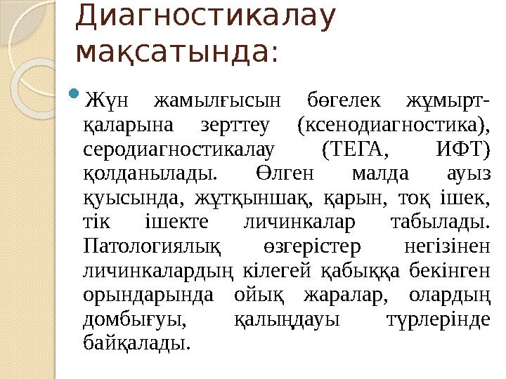 Диагностикалау мақсатында:  Жүн жамылғысын бөгелек жұмырт- қаларына зерттеу (ксенодиагностика), серодиагностикалау (ТЕ