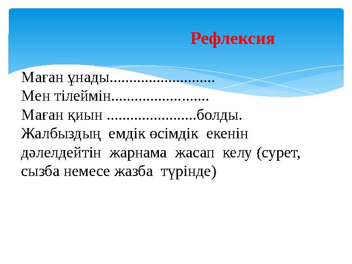 Рефлексия Маған ұнады........................... Мен тілеймін......................... Маған қи