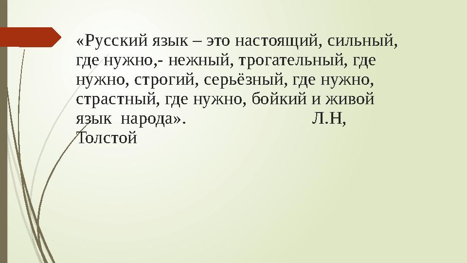 «Русский язык – это настоящий, сильный, где нужно,- нежный, трогательный, где нужно, строгий, серьёзный, где нужно, страстный