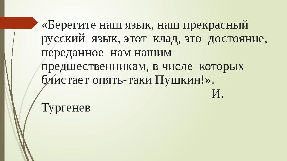 «Берегите наш язык, наш прекрасный русский язык, этот клад, это достояние, переданное нам нашим предшественникам, в числ