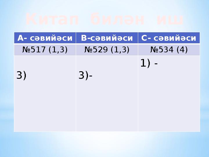 Китап билән иш А- сәвийәси В-сәвийәси С- сәвийәси № 517 (1,3) № 529 (1,3) № 534 (4) 3) 3) - 1) -