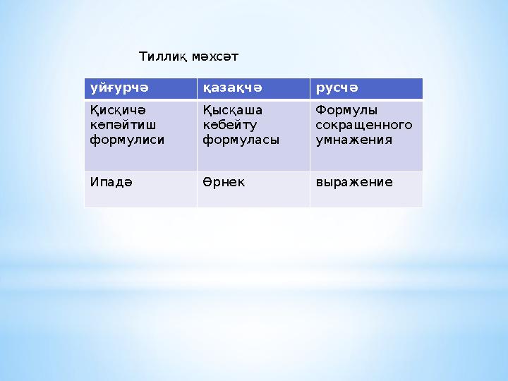 Қисқичә көпәйтиш формулисиуйғурчә қазақчә русчә Қисқичә көпәйтиш формулиси Қысқаша көбейту формуласы Формулы сокращенного