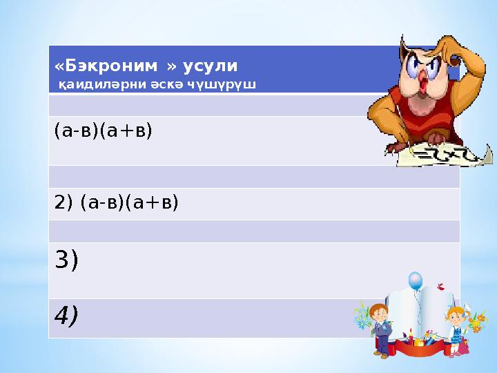 (а-в)(а+в) 2) (а-в)(а+в)(а-в)(а+в) 2) (а-в)(а+в)«Бэкроним » усули қаидиләрни әскә чүшүрүш (а-в)(а+в) 2) (а-в)(а+в) 3) 4)
