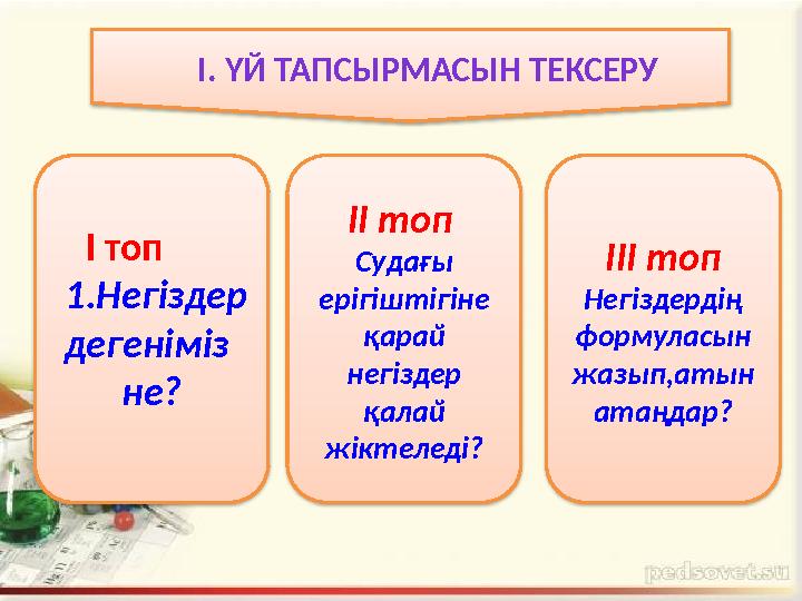 І топ 1.Негіздер дегеніміз не? ІІІ топ Негіздердің формуласын жазып,атын атаңдар?ІІ топ Судағы ерігіштігіне