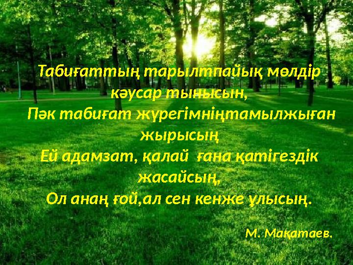 Табиғаттың тарылтпайық мөлдір кәусар тынысын, Пәк табиғат жүрегімніңтамылжыған жырысың Ей адамзат, қалай ғана қатігездік ж