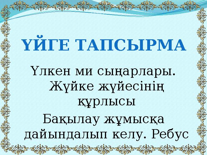 Үлкен ми сыңарлары. Жүйке жүйесінің құрлысы Бақылау жұмысқа дайындалып келу. РебусҮЙГЕ ТАПСЫРМА