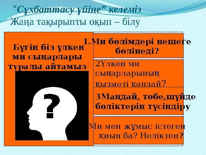 1.Ми бөлімдері нешеге бөлінеді ? Ми мен жұмыс істеген қиын ба? Неліктен ? 2Үлкен ми сыңарларының қызмет