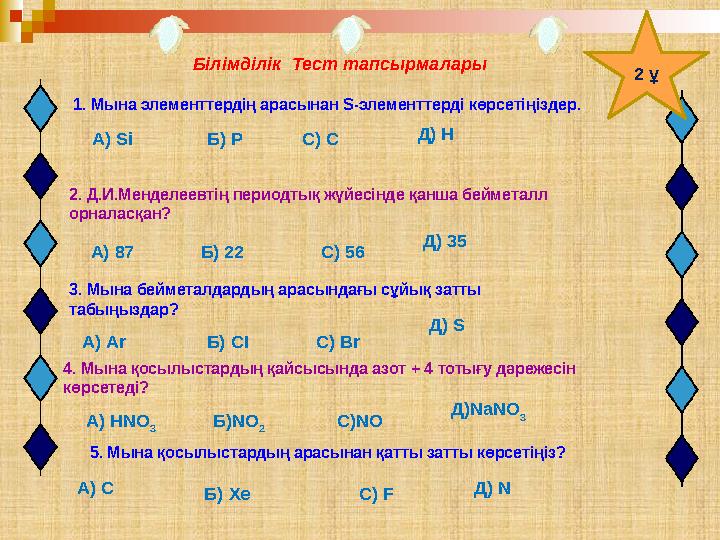 Білімділік Тест тапсырмалары 1. Мына элементтердің арасынан S-элементтерді көрсетіңіздер. 2. Д.И.Менделеевтің периодтық жү