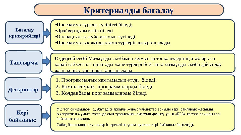 Критериалды бағалау Тапсырма Бағалау критерийлері Дескриптор Кері байланыс • Программа туралы түсінікті біледі; • Драйвер