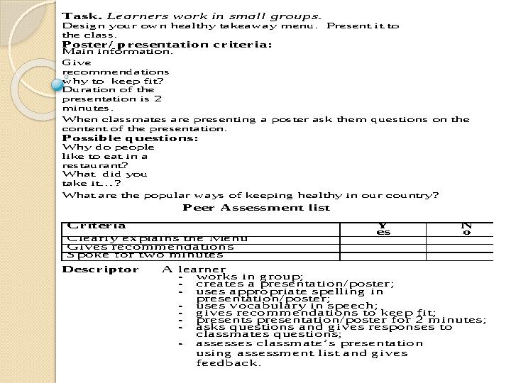 Task. Learners work in small groups. Design your own healthy takeaway menu. Present it to the class. Poster/ presentat
