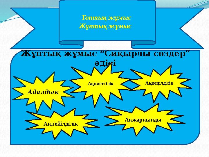 Топтық жұмыс Жұптық жұмыс Жұптық жұмыс “Сиқырлы сөздер” әдісі Адалдық Ақкөңілділік Ақниеттілік Ақжарқынды Ақпейілділік