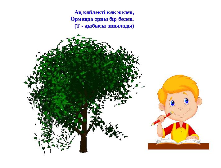 Ақ көйлекті көк желек, Орманда орны бір бөлек. (Т - дыбысы ашылады)