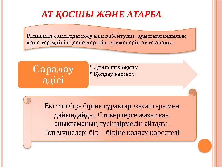 АТ ҚОСШЫ ЖӘНЕ АТАРБА • Диалогтік оқыту • Қолдау көрсетуСаралау әдісі Екі топ бір- біріне сұрақтар жауаптарымен дайындайды. Ст